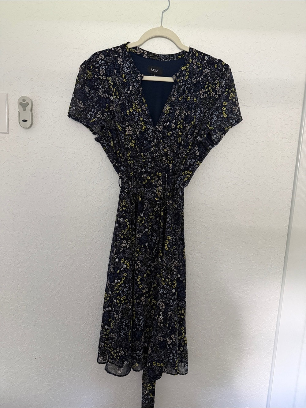 MSK Navy Floral Midi Wrap Dress with Yellow Accents